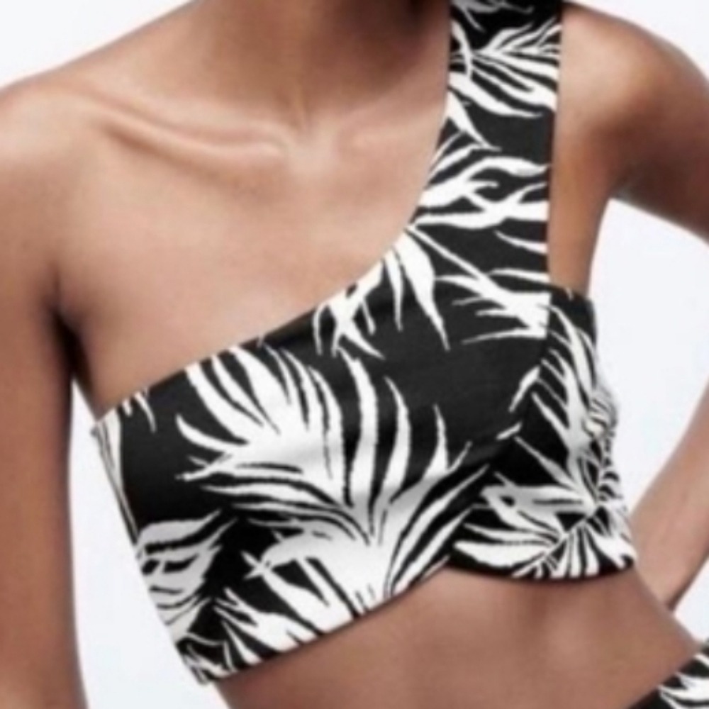 Zara One Shoulder Crop Top Womens M Tropical Resort Palm Jacquard
